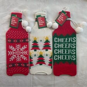 Vtg Ugly Christmas Sweater Knit Bottle Covers Gift Bags w Pom Poms Set of 3 NOS